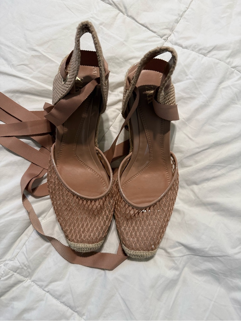 Zara Mauve-Taupe Woven Espadrille Wedge Sandals with Ankle Ties - Picture 2 of 3